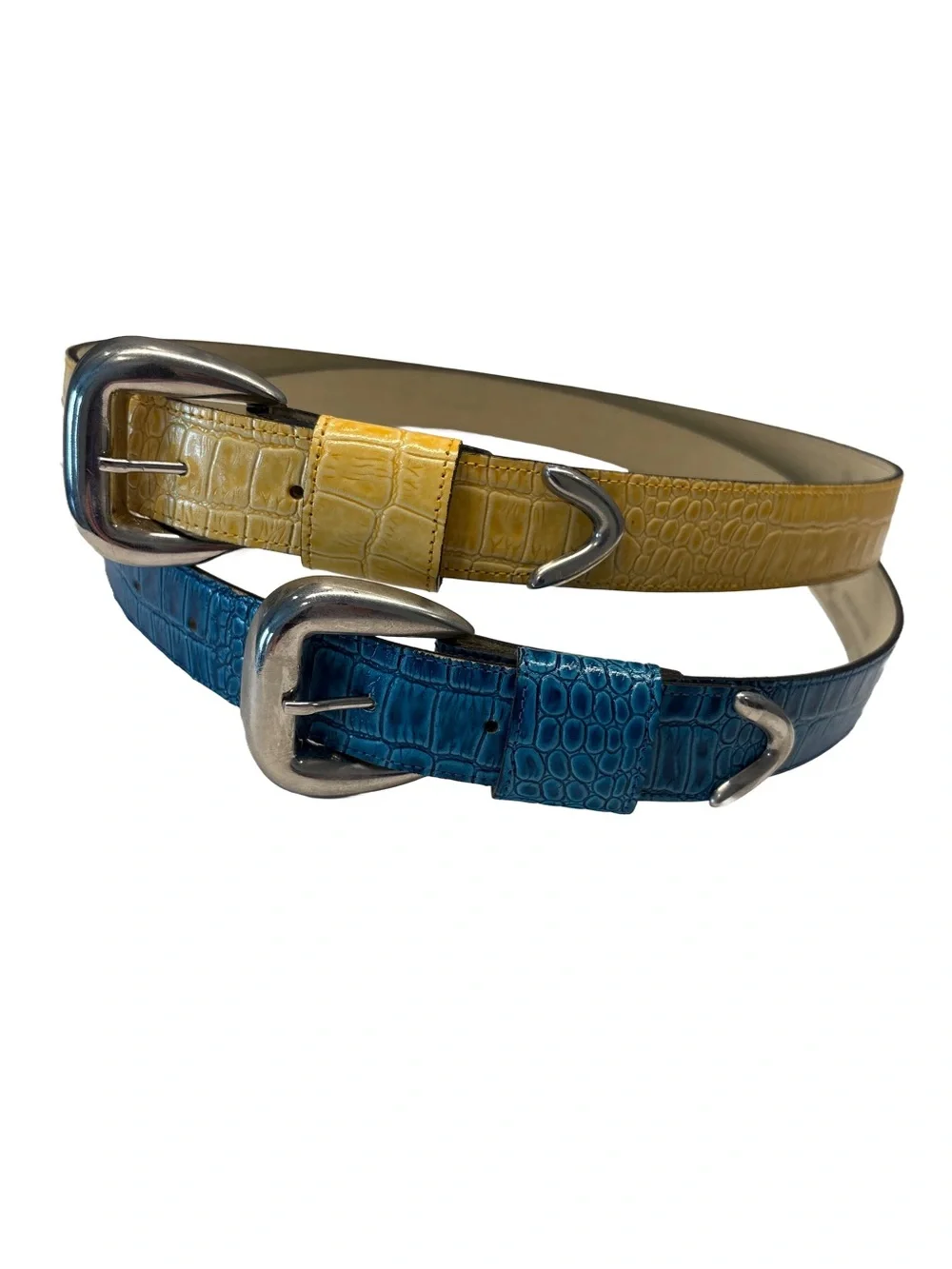 Vintage Genuine Bonded Leather Belts Yellow and Blue Croc-Embossed Set of 2